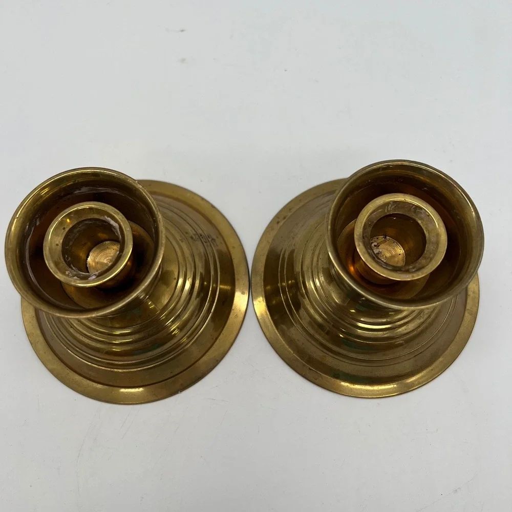 Heavy Solid Brass MCM Candlesticks Pair, PWF India, Original Stickers Tiered VTG